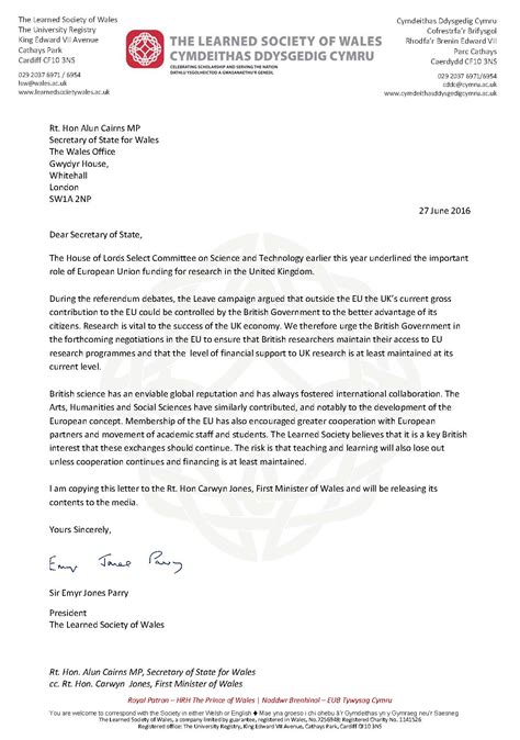 A business letter follows a strict, professional format, and the address and salutation should adhere to basic business letter guidelines. President's letter to Secretary of State for Wales | The ...