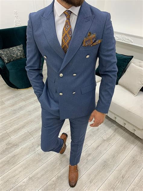 Blue Slim Fit Double Breasted Suit For Men By