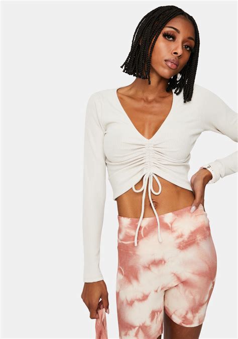 drawstring ruched long sleeve crop top oatmeal white dolls kill