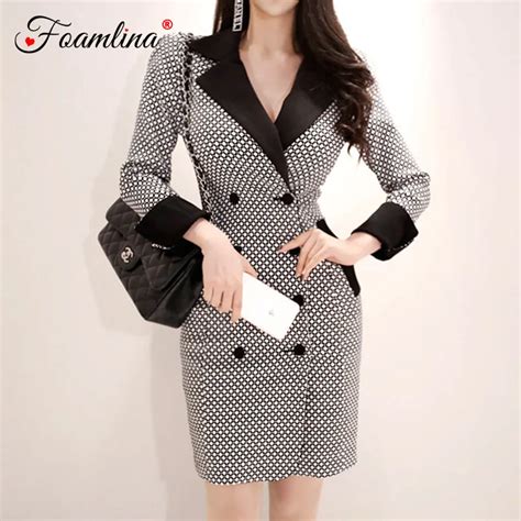 Foamlina Fashion Korean Ol Blazer Dress Plaid Print Patchwork Bodycon Dress Notched Collar Long