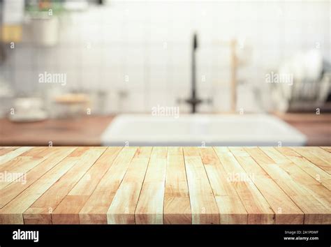 Wood Table Top On Blur Kitchen Counter Roombackgroundfor Montage