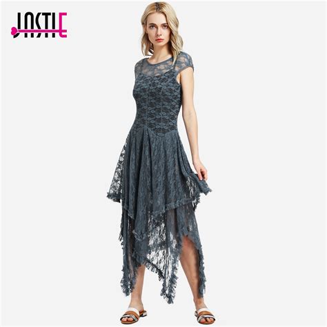 Jastie Boho People Hippie Style Asymmetrical Embroidery Sheer Lace Dresses Double Layered