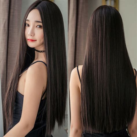 Women Long Straight Full Wig Hair Part Bangs Synthetic