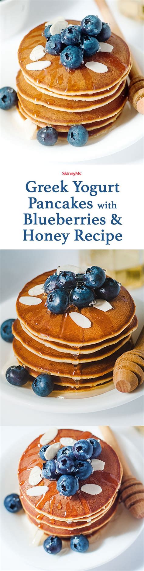 Top pancakes with syrup, fruit, or desired toppings. Greek Yogurt Pancakes with Blueberries & Honey | Recipe ...