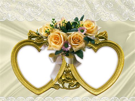 Transparent Frame With Two Hearts And Bouquet Of Yellow Roses Wedding