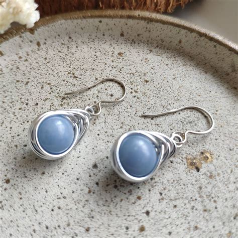 Mm Angelite Wire Wrapped Earrings With Silver Ear Hook Blue Etsy