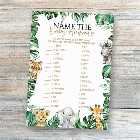Safari Baby Shower Games Name The Baby Animals Game Jungle Etsy