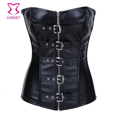 Front Buckle With Zipper Black Overbust Corset Leather Corsets And