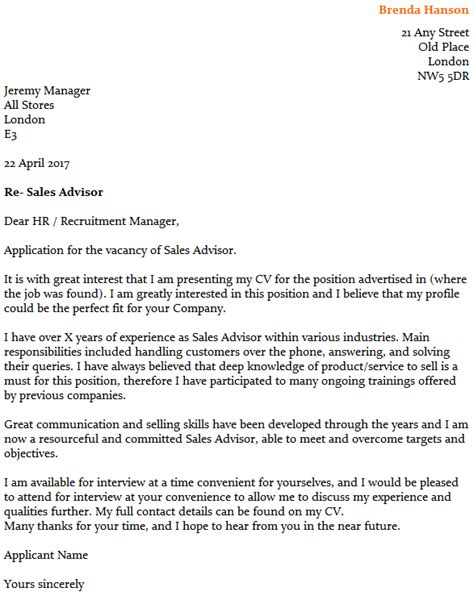 How to write the perfect cover letter (and get hired!) now that we've got the basics out of the way, we're going to guide you through the process of a good cover letter is all about leaving the right first impression. Sales Advisor Cover Letter Example - icover.org.uk