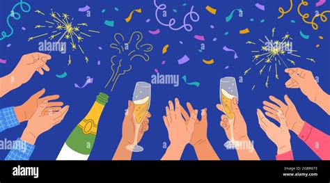 Human Hands With Champagne Glasses And Sparklers On Confetti Background Celebration Of New Year