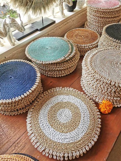 Round Rattan Placemats With Shells From Bali Set Of 4 Natural