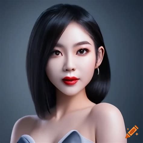 Asian Woman Realistic Figure Photorealistic Small Nose Black Hair White Skin Natural Lips