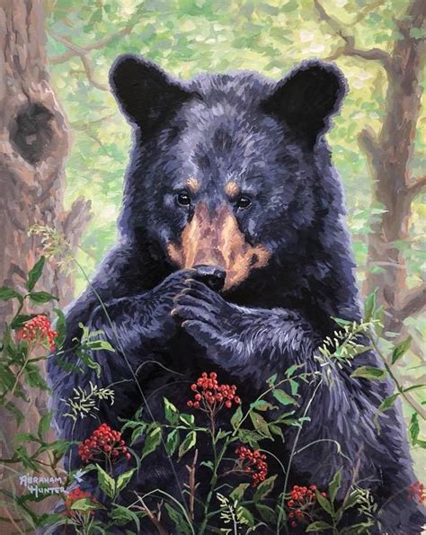 A Painting Of A Black Bear Sitting In The Woods With Flowers And Trees