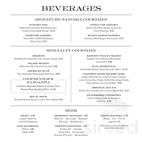 Cooper's Hawk Winery & Restaurants menu in Burr Ridge, Illinois, USA