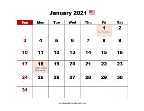 2021 Printable Calendar January Newreay