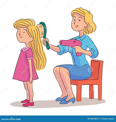 Madre Peinando Y Secando El Pelo De Las Hijas En Blanco Ilustración Del