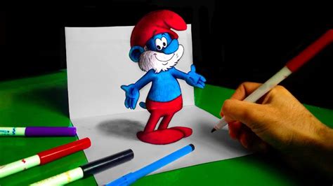 رسم السنافر بطريقة 3d ، شخصية بابا سنفور Papa Smurf Drawing Youtube
