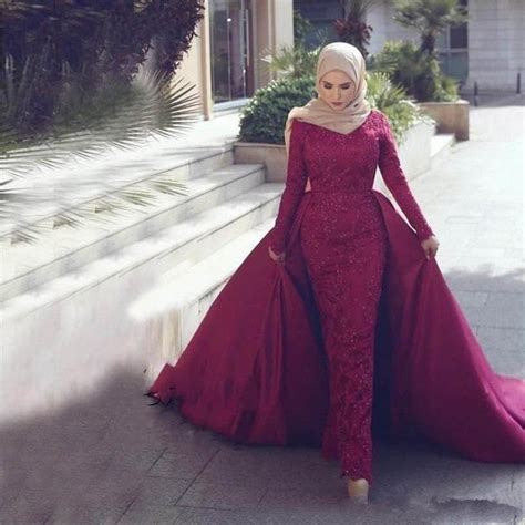 Detachable Muslim Evening Dresses 2019 Mermaid Long Sleeves Lace Beaded