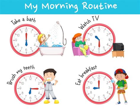 Morning Routines For Children With Clock And Activities Free Vector