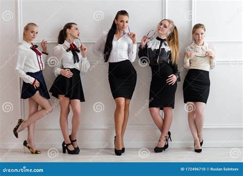 Group Of Businesswoman Standing On Wall Stock Photo Image Of Brunette