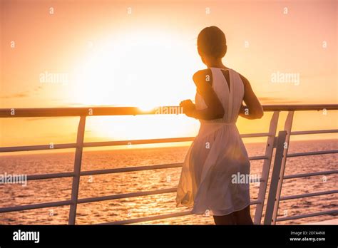Cruise Ship Vacation Woman Travel Watching Sunset At Sea Ocean View