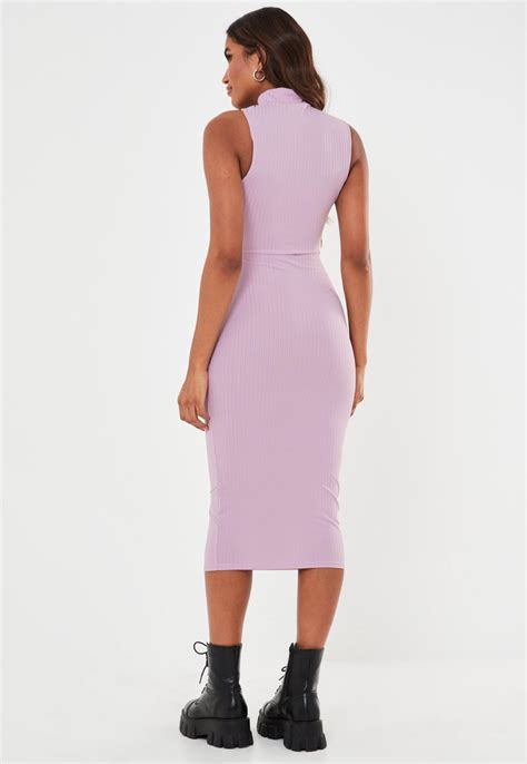 Lilac Rib High Neck Cut Out Midaxi Dress Missguided