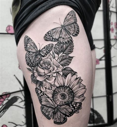 Butterflies Roses And Sunflowers Thigh Tattoo By Tattoosbymarilyn In