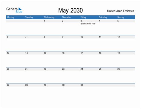 Editable May 2030 Calendar With United Arab Emirates Holidays