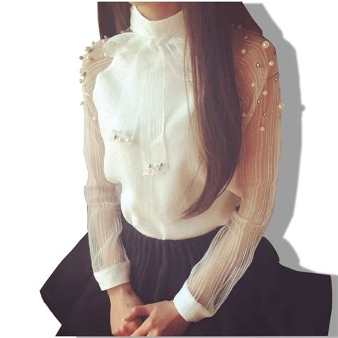 2015 New Spring Elegant Organza Bow Of Pearl White Blouse Casual Chiffon Shirt Women Blouses