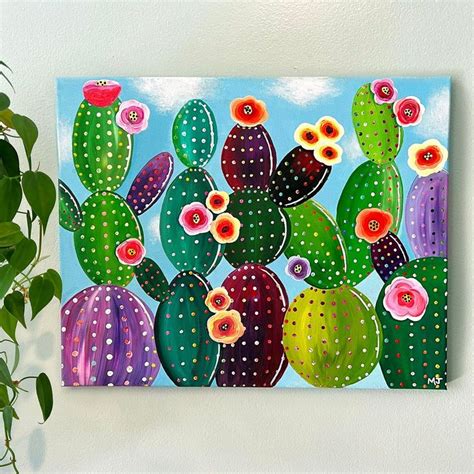 Original Cactus Acrylic Painting Colorful Cacti Flowers Etsy Cactus