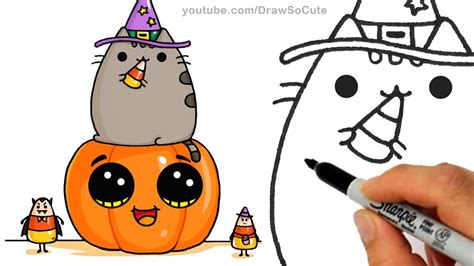 How To Draw Pusheen Cat On Pumpkin With Candy Corn Step By Step Easy