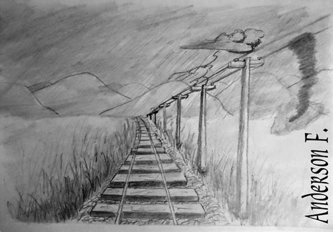 A Pencil Drawing Of A Train Track Going Through The Mountains