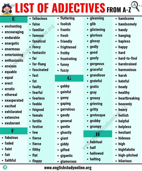 List Of Adjectives 1000 Adjectives From A To Z For Esl Learners