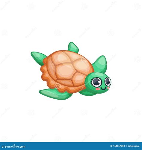 Cute Cartoon Turtle Isolated On White Background Green And Brown