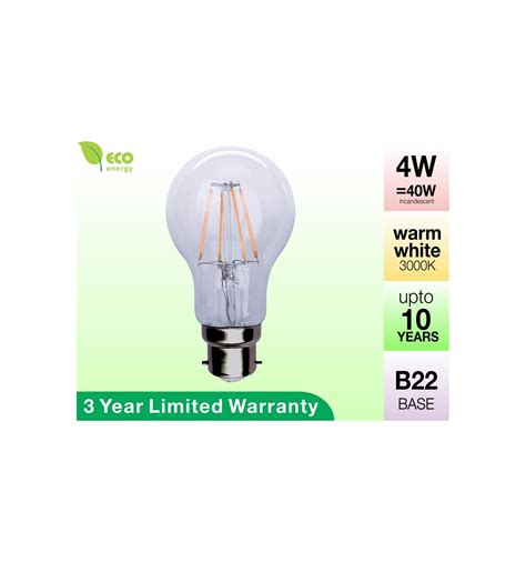 4w Glass Led Filament Bulb B22 Warm White 400lm 3 Year Warranty