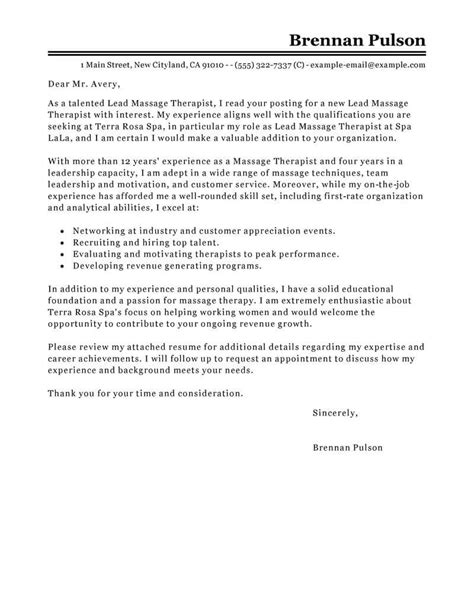 lead massage therapist cover letter examples livecareer
