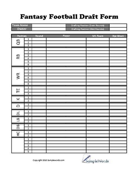 Printable Fantasy Football Draft Sheet Customize And Print