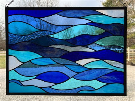 Large Stained Glass Ocean Waves 18 X 24 Beach Etsy Stained Glass Panel Stained Glass Ocean