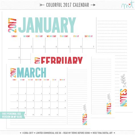 2017 Colorful Calendars Free Printables • Miss Tiina