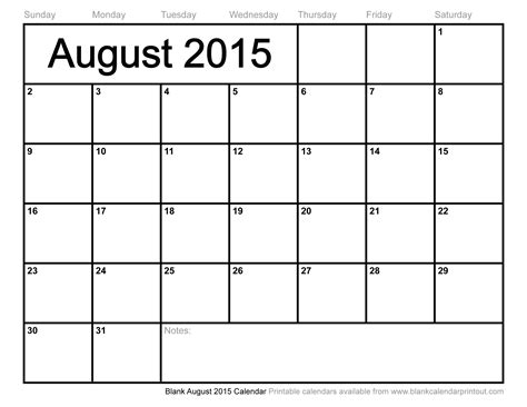 Blank August 2015 Calendar To Print