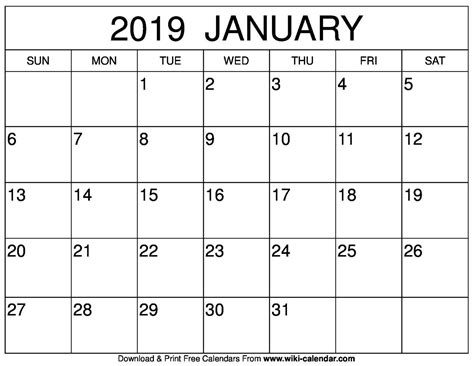 January 2019 Calendar Template | Blank calendar template, Calendar printables, Calendar template