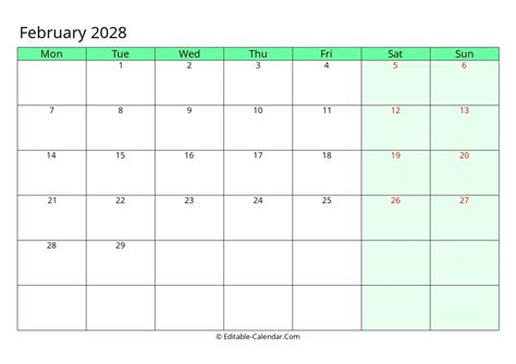 Download Fillable Calendar February 2028 Monday Start
