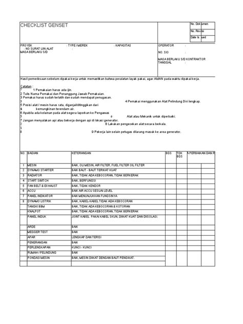 Form Checklist Inspeksi Genset Pdf Free Pdf
