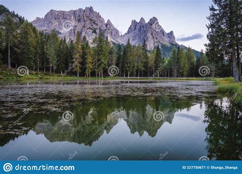 Lago Antorno Lake With Cadini Di Misurina Mountain Group In Background