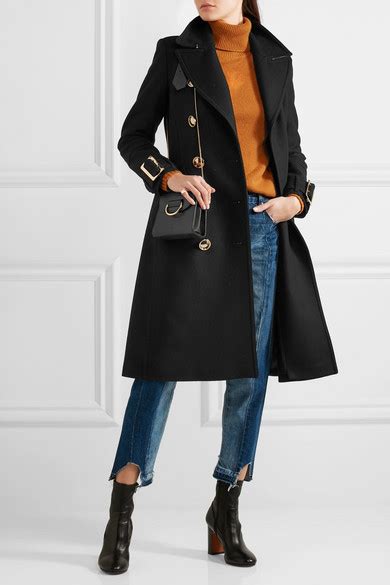 Burberry Leather Trimmed Double Breasted Wool Blend Coat Net A
