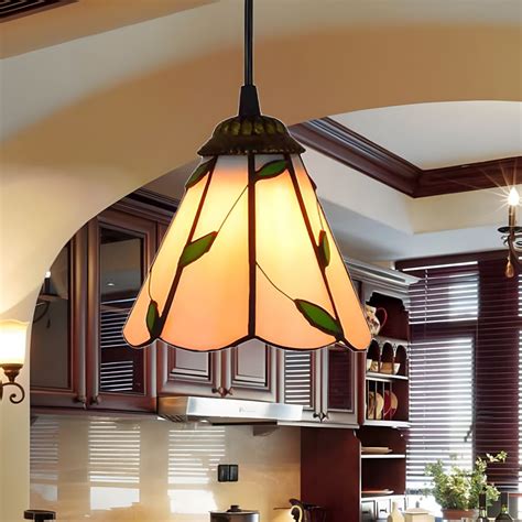 1 Light Pendant Light Kit Tiffany Cone Beige Stained Glass Ceiling