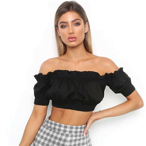 2018 Sexy Strapless Off Shoulder Tee Tops Summer Short Sleeve Beach T Shirts Women Solid Color