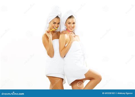 Two Girls Brush Their Teeth After Shower Stock Photo Image Of Females