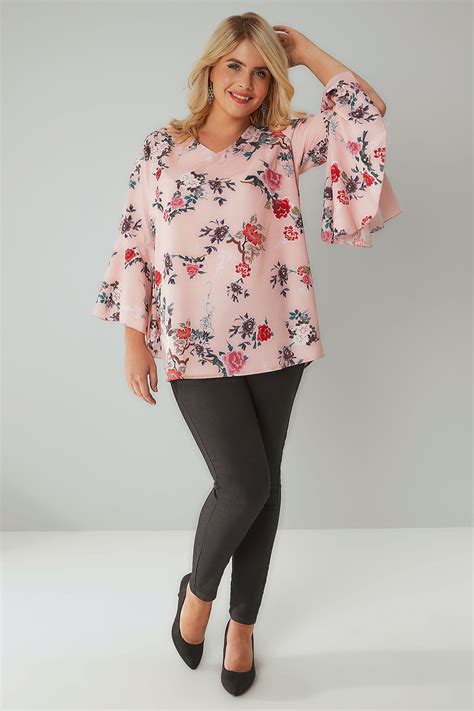 pink floral print woven blouse with flute sleeves plus size 16 to 36