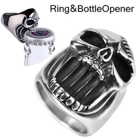cheap men skeleton stainless steel scar jaw punk gothic skull rings bottle opener rings opener